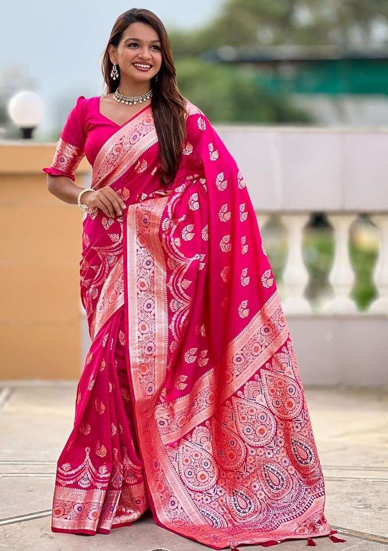 Magenta Embroidered Blended Saree Set for Diwali and Festive Wear - Indya