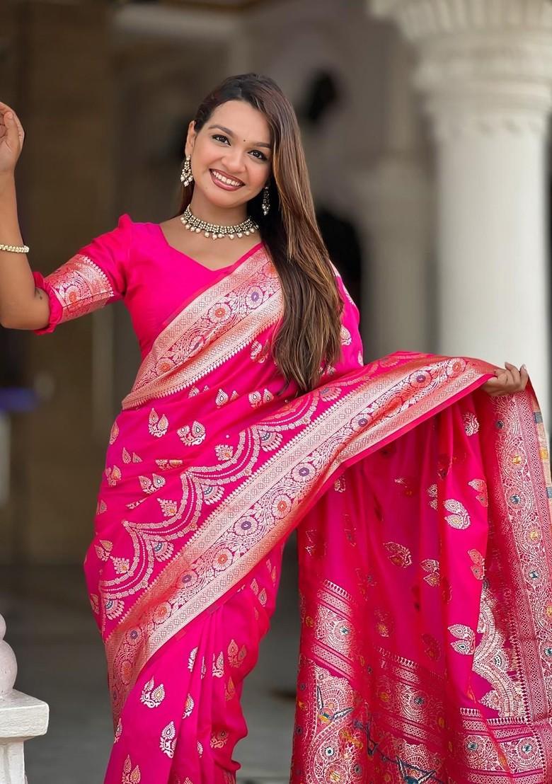 Magenta Embroidered Blended Saree Set - Indya