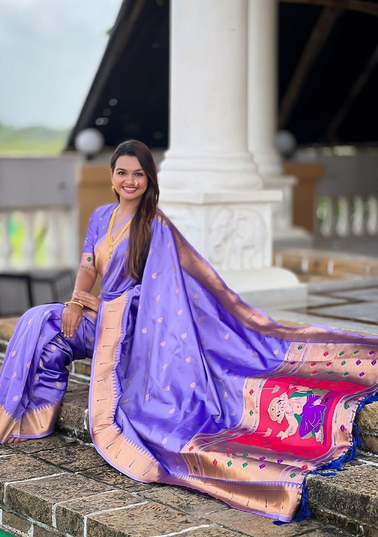 Lavender Embroidered Blended Saree Set - Indya