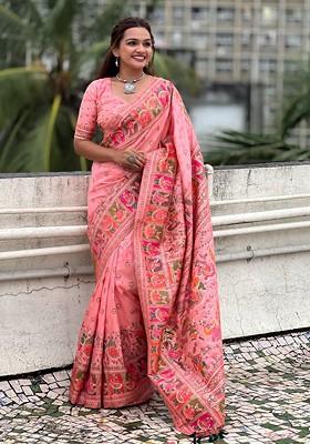 Pink Embroidered Blended Saree Set