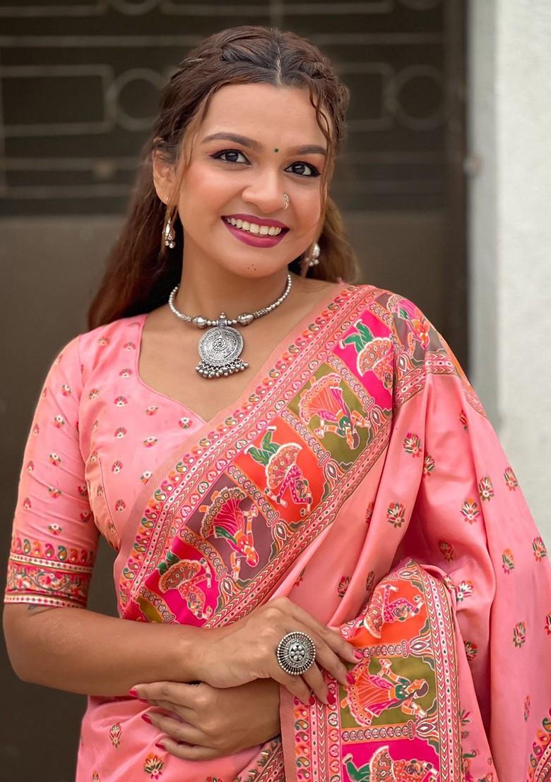 Pink Embroidered Blended Saree Set - Indya