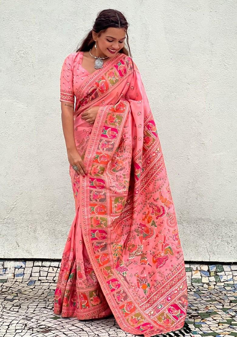 Pink Embroidered Blended Saree Set - Indya
