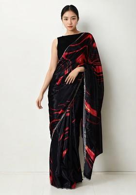 Black Embroidered Blended Saree Set