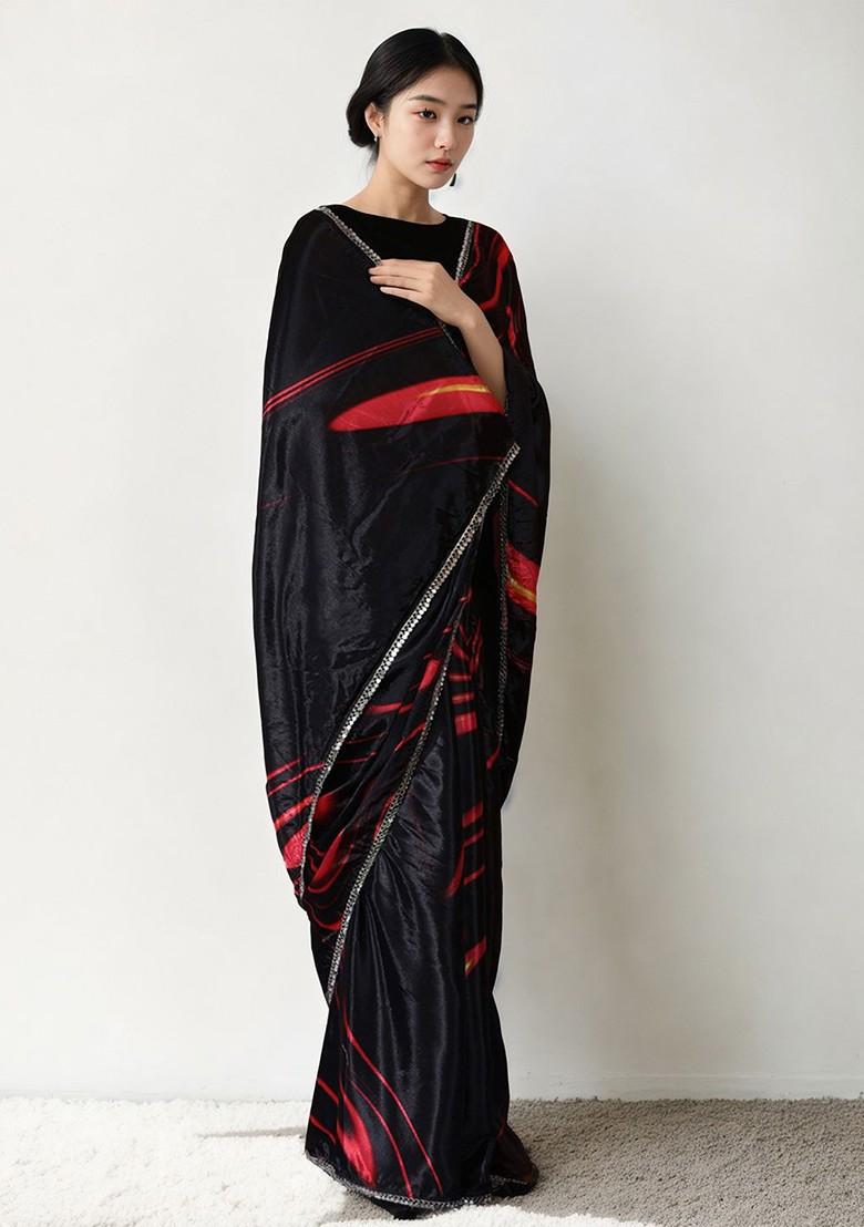 Black Embroidered Blended Saree Set - Indya