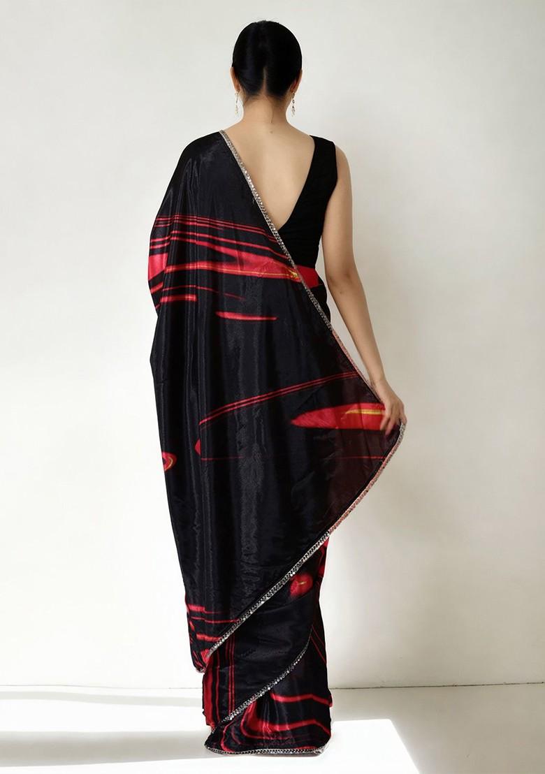 Black Embroidered Blended Saree Set - Indya