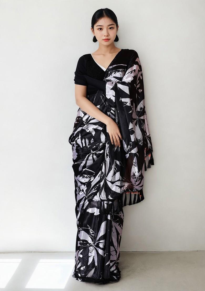 Charcoal Embroidered Blended Saree Set - Indya