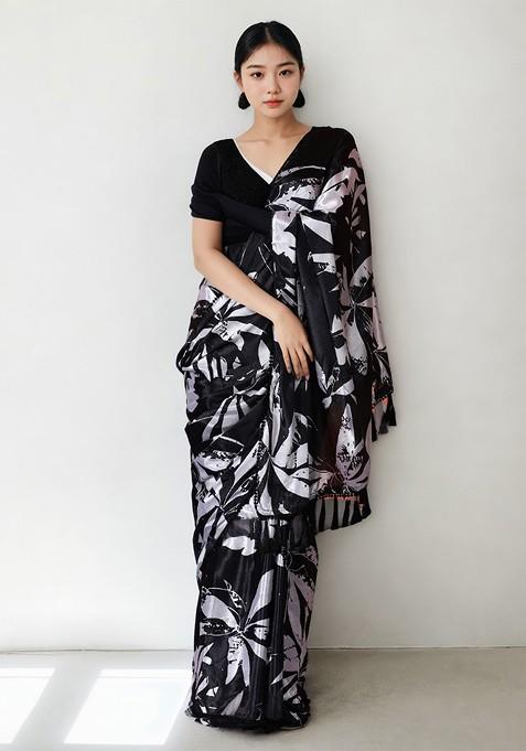 Charcoal Embroidered Blended Saree Set — view on Indya