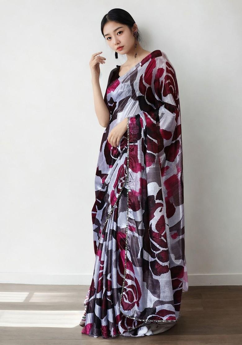 Grey Embroidered Blended Saree Set - Indya