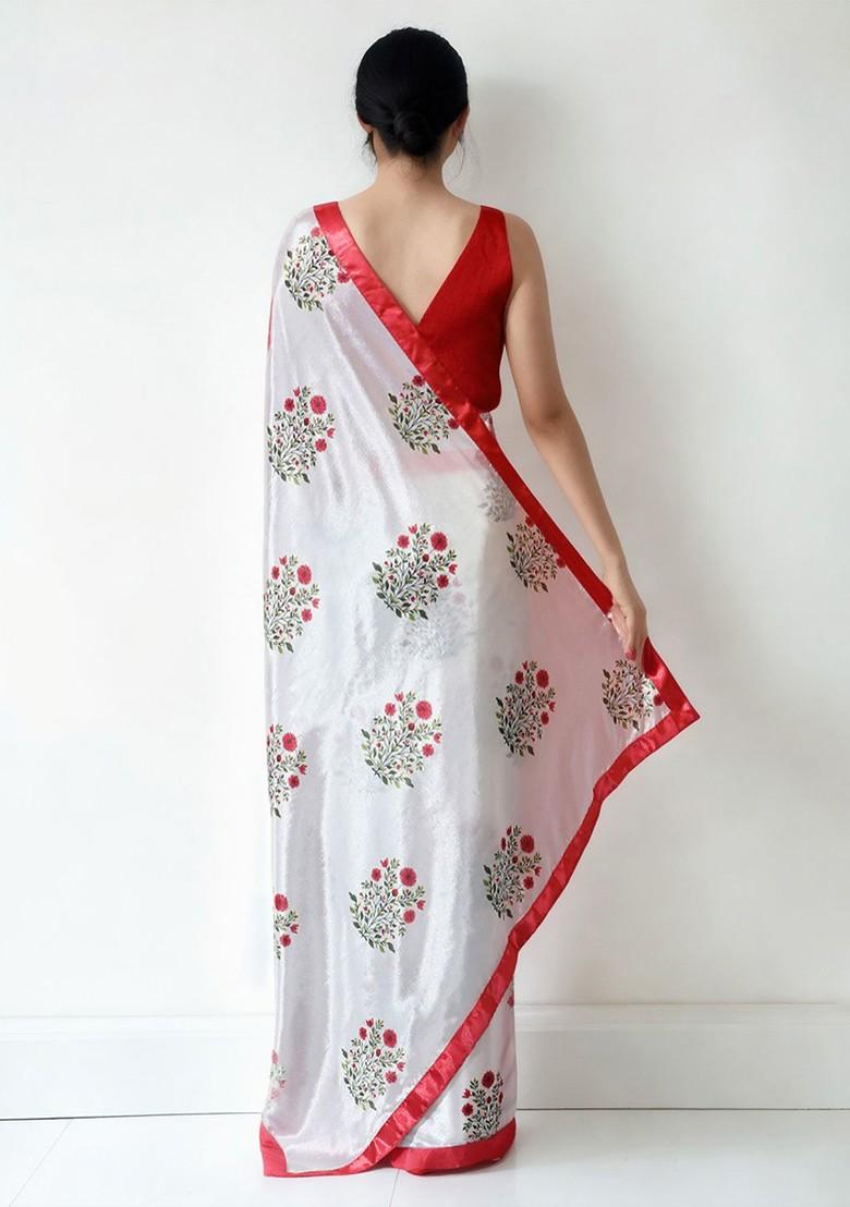 Off White Embroidered Blended Saree Set - Indya