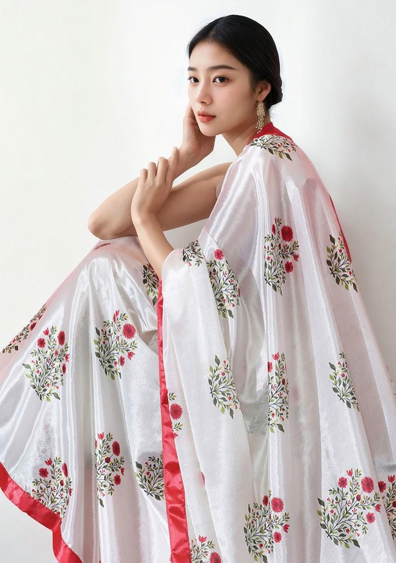 Off White Embroidered Blended Saree Set - Indya