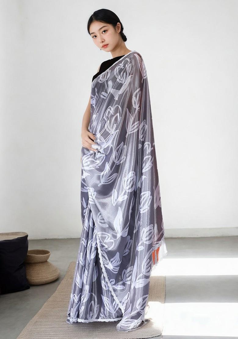 Grey Embroidered Blended Saree Set - Indya