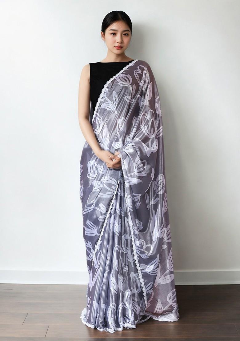Grey Embroidered Blended Saree Set - Indya