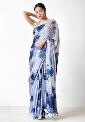 Grey Embroidered Blended Saree Set