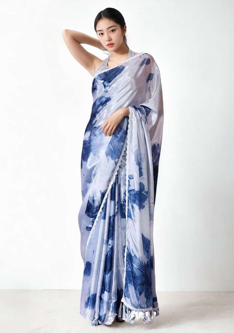 Grey Embroidered Blended Saree Set - Indya
