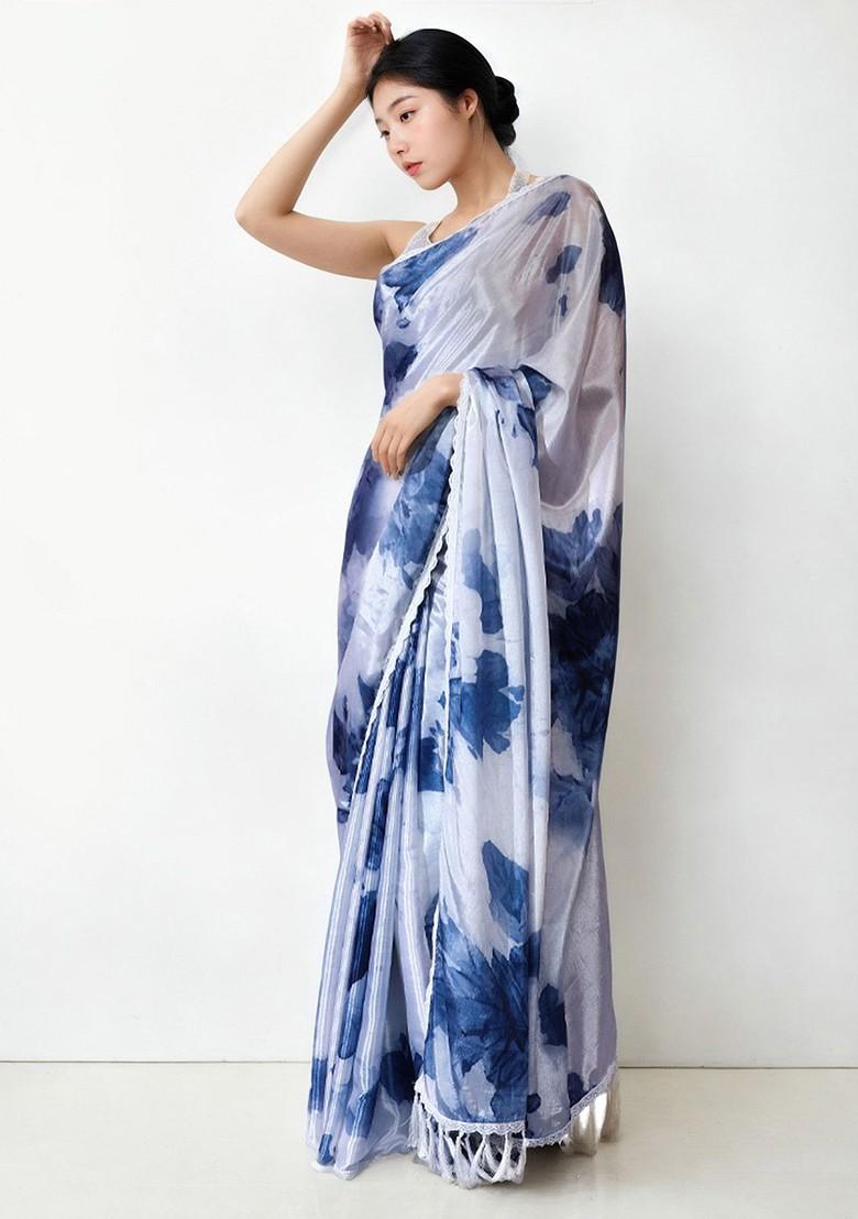 Grey Embroidered Blended Saree Set - Indya