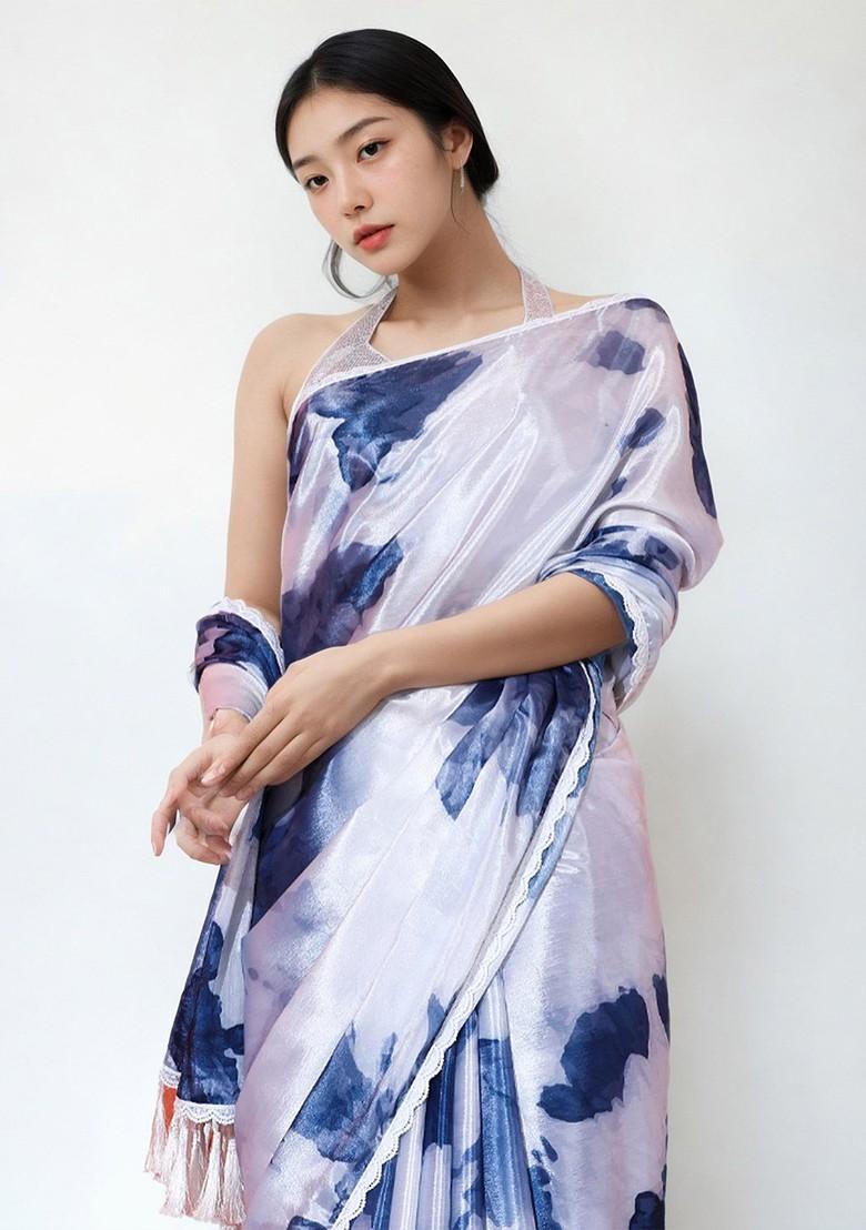 Grey Embroidered Blended Saree Set - Indya