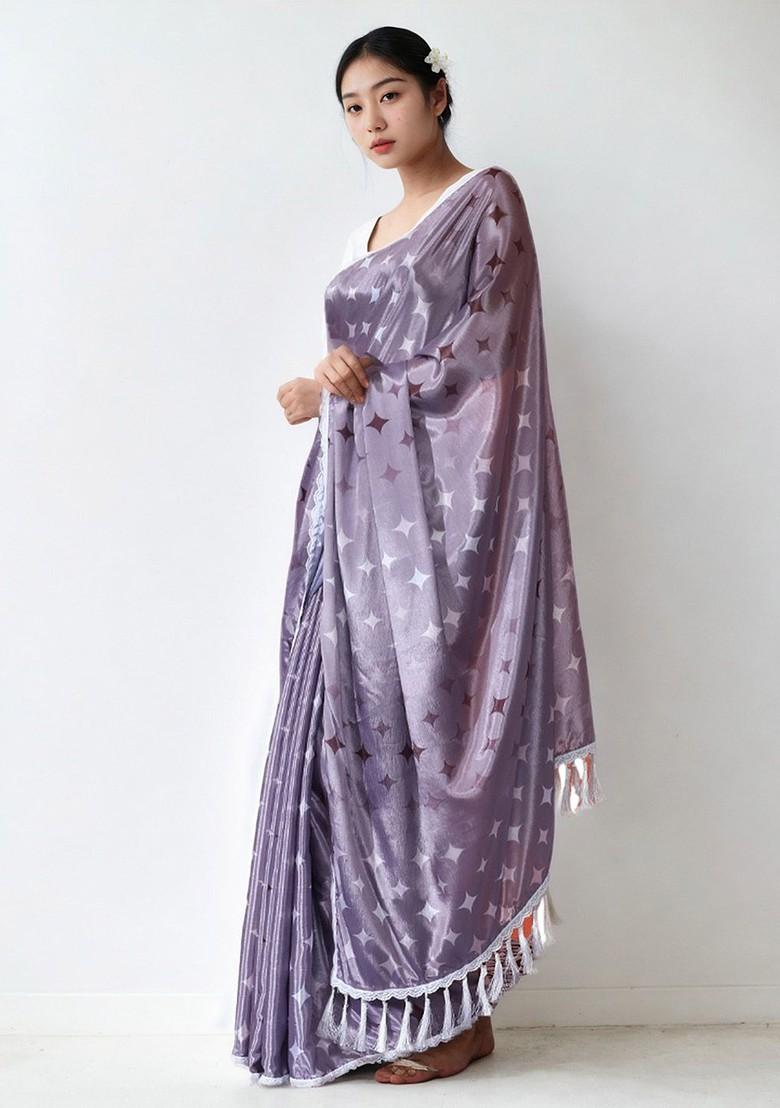 Lavender Embroidered Blended Saree Set - Indya