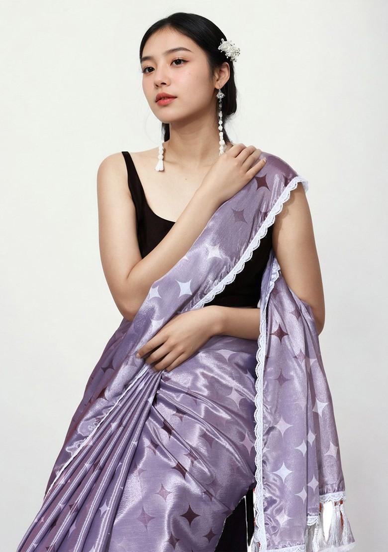 Lavender Embroidered Blended Saree Set - Indya