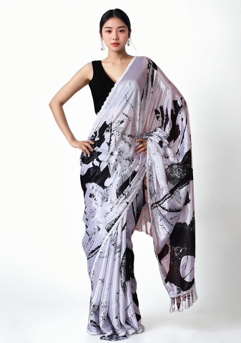 Off White Embroidered Blended Saree Set - Indya