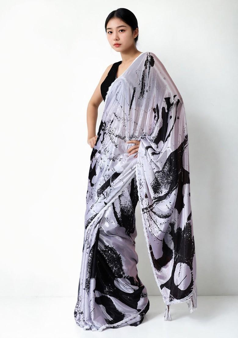 Off White Embroidered Blended Saree Set - Indya