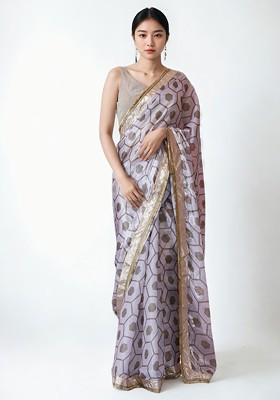 Lavender Embroidered Blended Saree Set