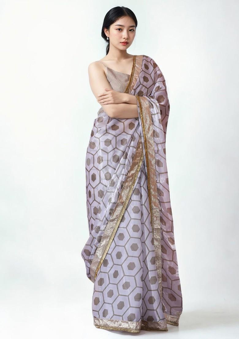 Lavender Embroidered Blended Saree Set - Indya