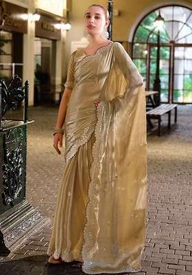 Beige Embroidered Blended Saree Set