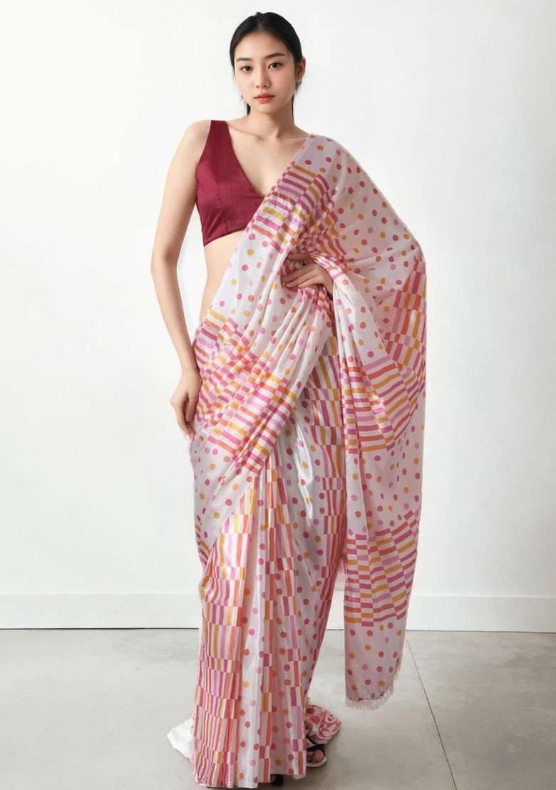 White Embroidered Blended Saree Set for Diwali and Festive Wear - Indya