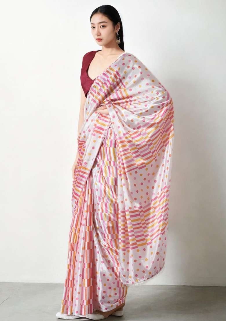 White Embroidered Blended Saree Set for Diwali and Festive Wear - Indya