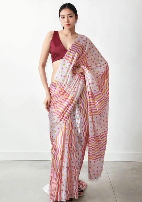 White Embroidered Blended Saree Set for Diwali and Festive Wear