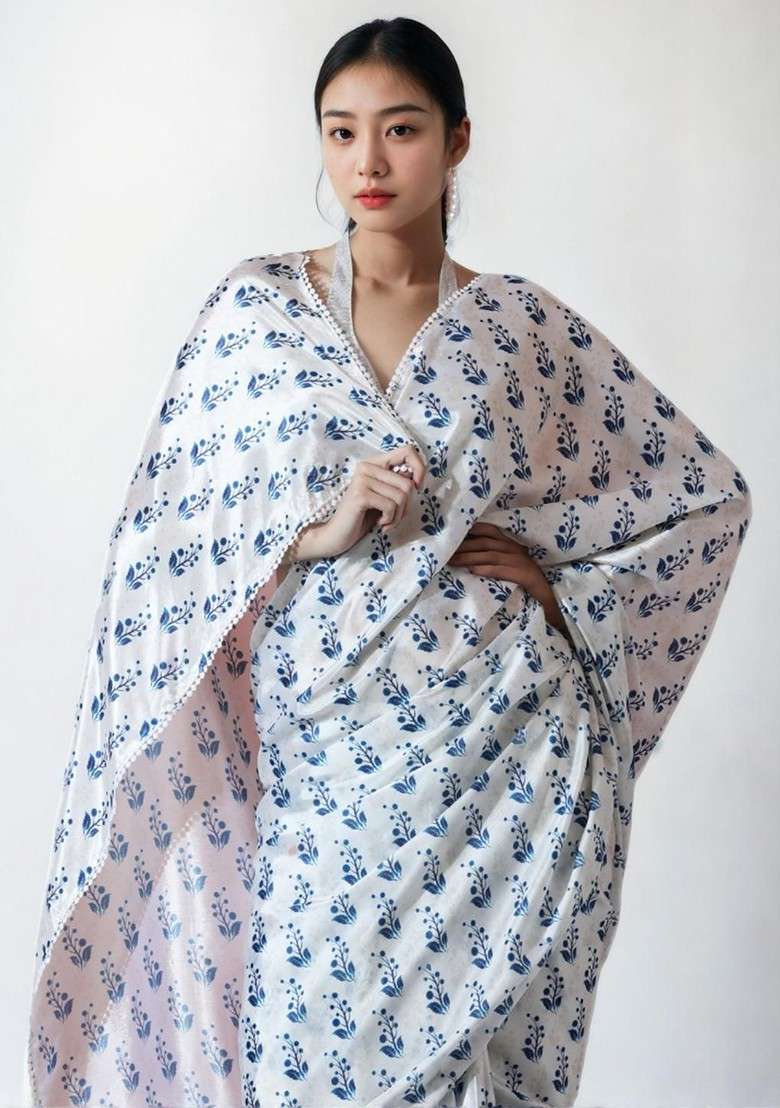 White Embroidered Blended Saree Set for Diwali and Festive Wear - Indya