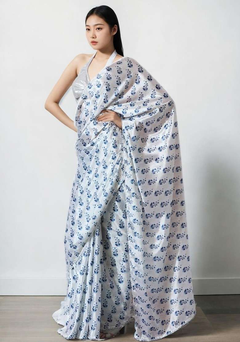 White Embroidered Blended Saree Set for Diwali and Festive Wear - Indya