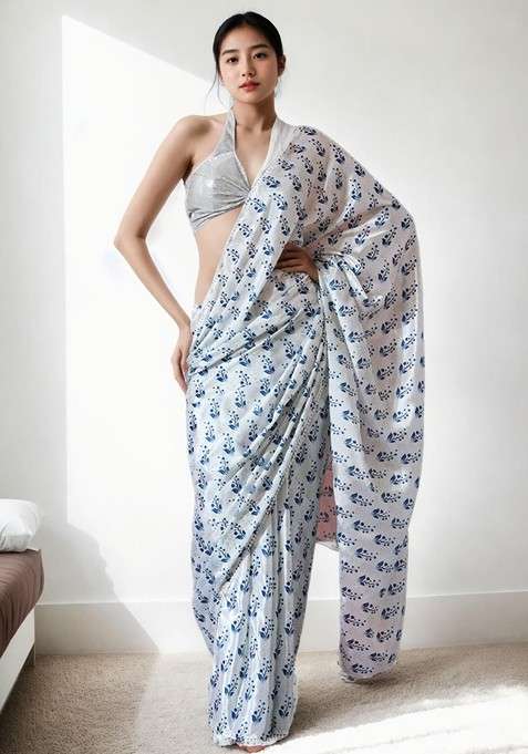 White Embroidered Blended Saree Set for Diwali and Festive Wear