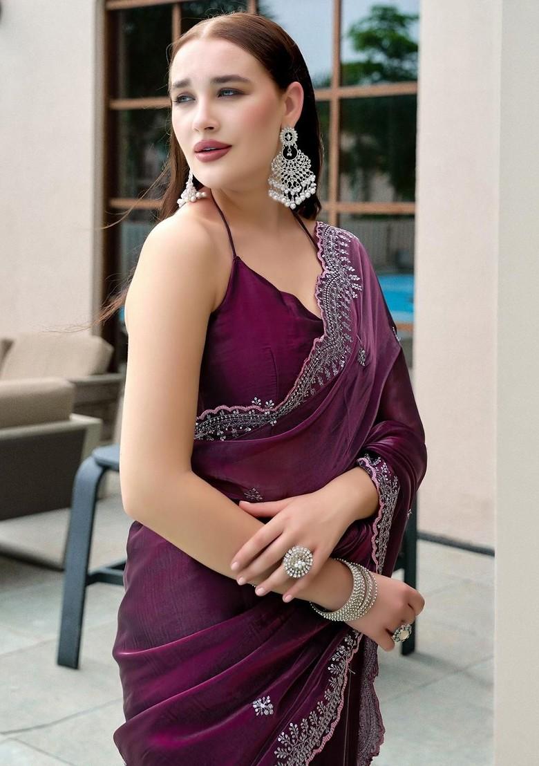 Burgundy Embroidered Blended Saree Set - Indya