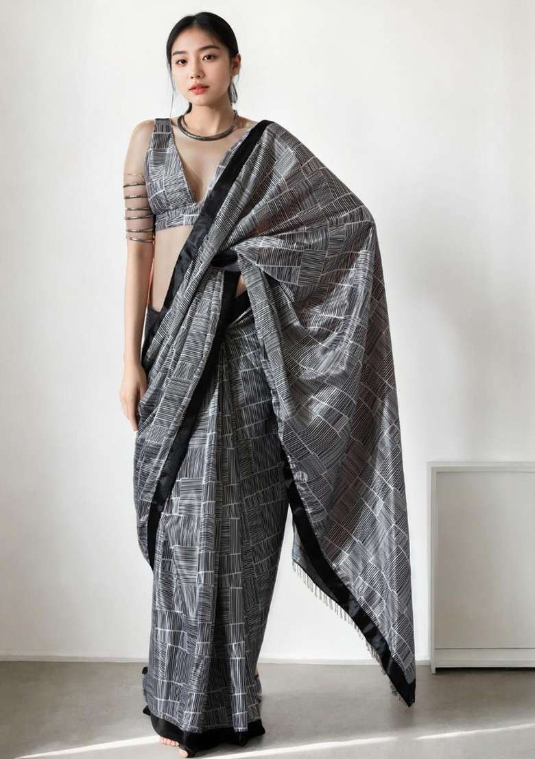 Grey Embroidered Blended Saree Set - Indya
