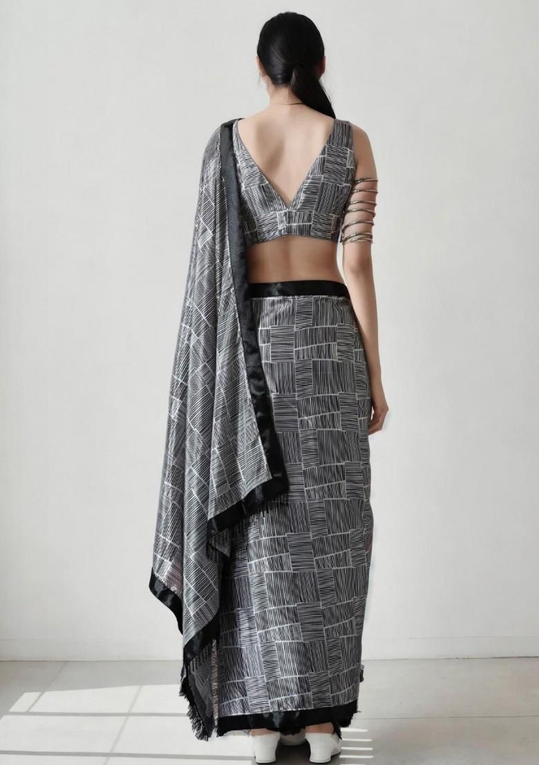 Grey Embroidered Blended Saree Set - Indya