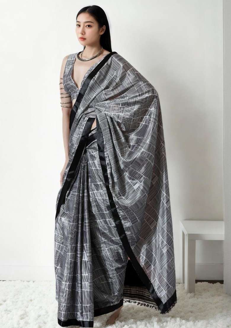 Grey Embroidered Blended Saree Set - Indya