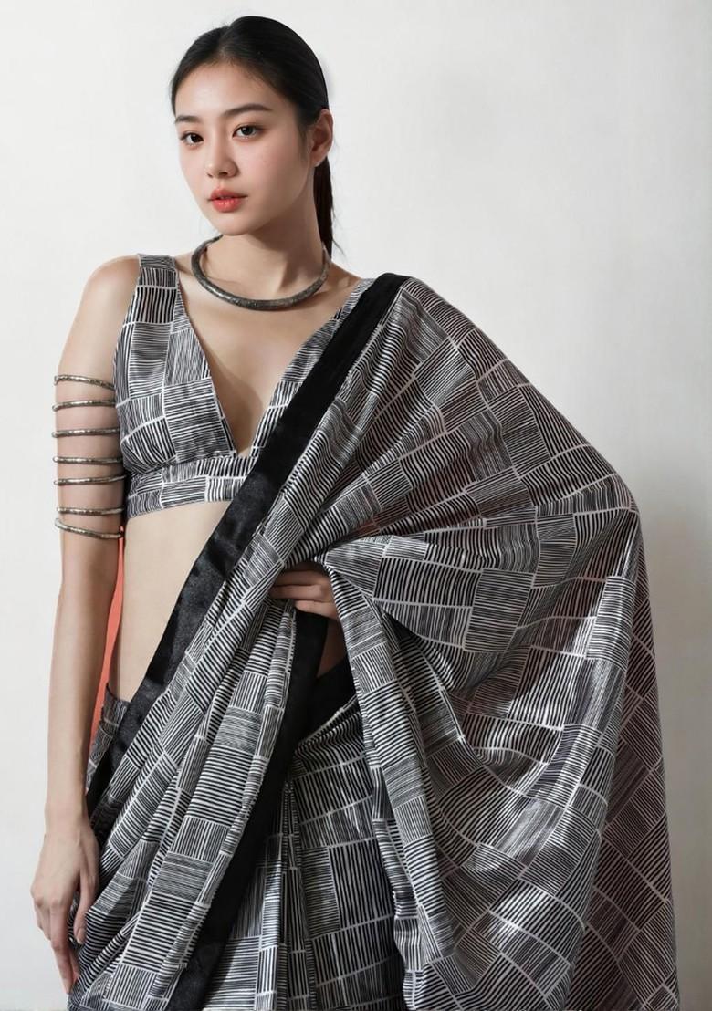 Grey Embroidered Blended Saree Set - Indya