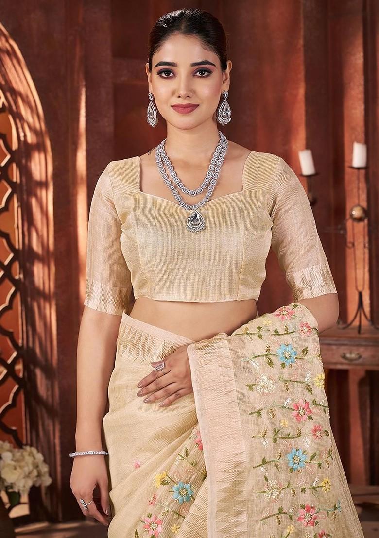 Cream Embroidered Blended Saree Set - Indya