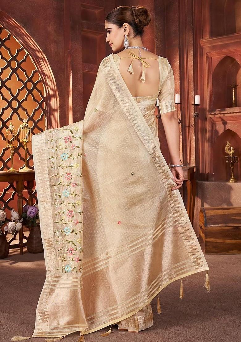 Cream Embroidered Blended Saree Set - Indya