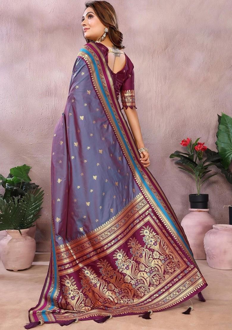 Violet Embroidered Blended Saree Set - Indya