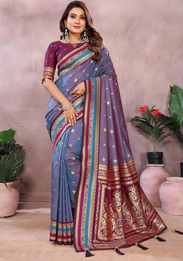 Violet Embroidered Blended Saree Set - Indya