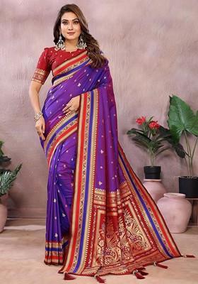 Purple Embroidered Blended Saree Set