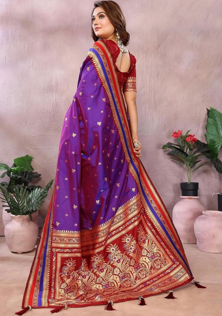 Purple Embroidered Blended Saree Set - Indya