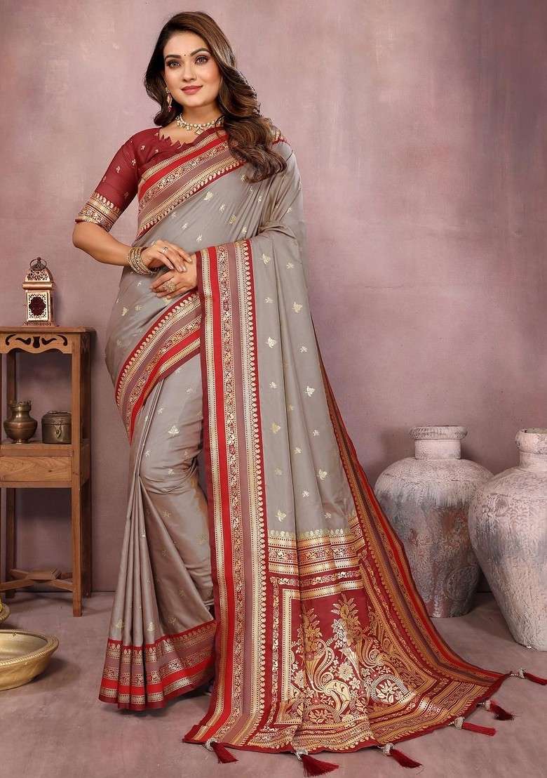 Beige Embroidered Blended Saree Set for Diwali and Festive Wear - Indya