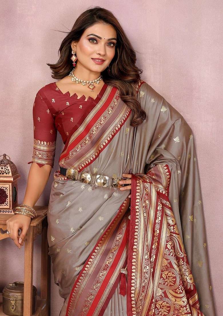 Beige Embroidered Blended Saree Set - Indya