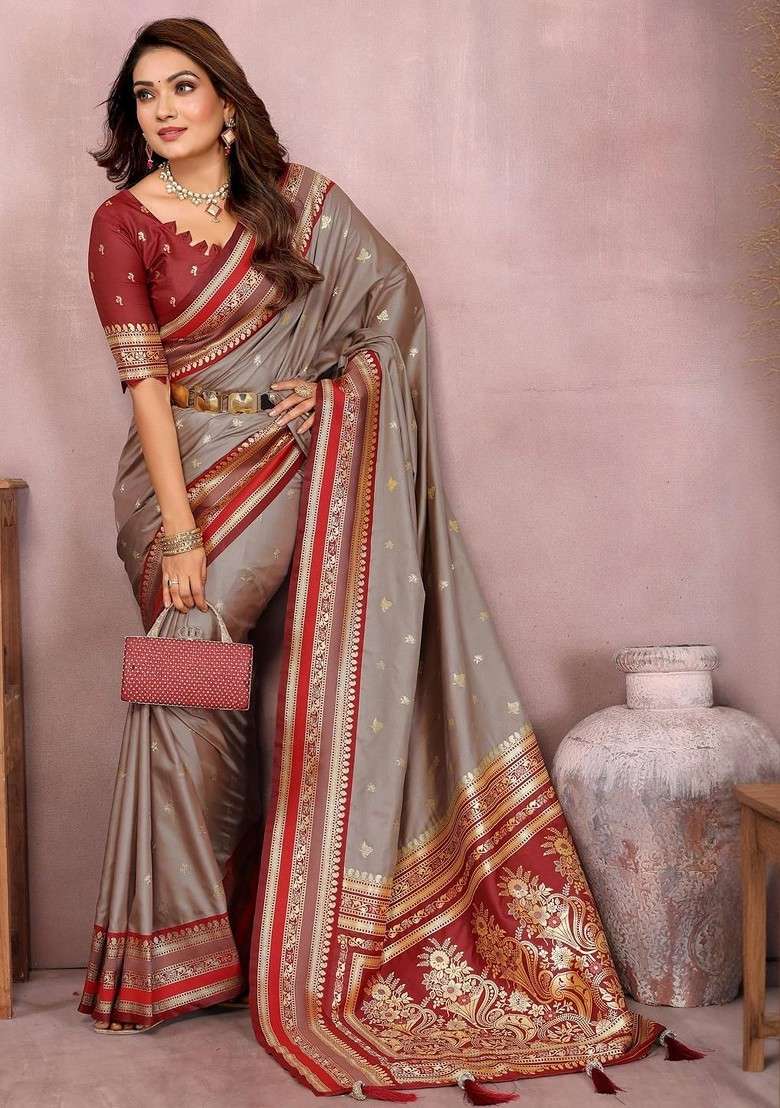 Beige Embroidered Blended Saree Set for Diwali and Festive Wear - Indya