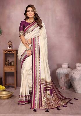 White Embroidered Blended Saree Set