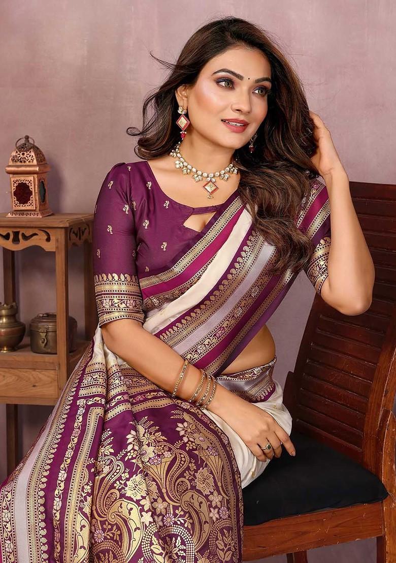 White Embroidered Blended Saree Set - Indya