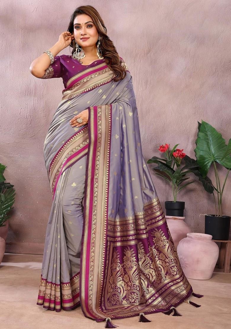 Lavender Embroidered Blended Saree Set - Indya